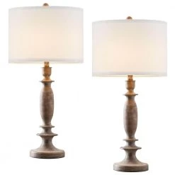 29 in. Wood Farmhouse Table Lamp with White Linen Shade, 9.5-Watt LED Bulbs Included (Set of 2) by TRUE FINE