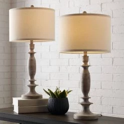 29 in. Wood Farmhouse Table Lamp with White Linen Shade, 9.5-Watt LED Bulbs Included (Set of 2) by TRUE FINE -Dale Tiffany Store wood true fine table lamps 20070 2pk 76 1000