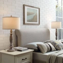 29 in. Wood Farmhouse Table Lamp with White Linen Shade, 9.5-Watt LED Bulbs Included (Set of 2) by TRUE FINE -Dale Tiffany Store wood true fine table lamps 20070 2pk fa 1000