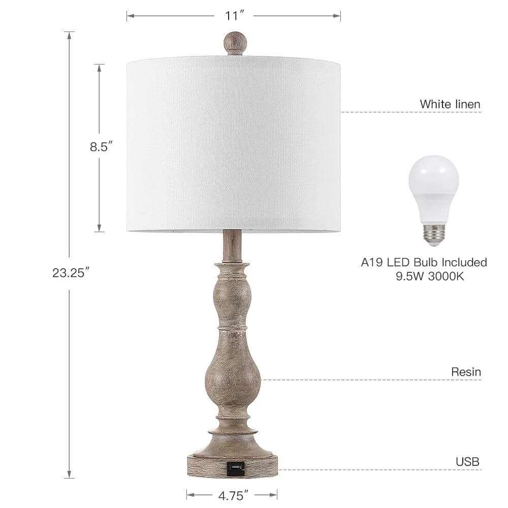 23 in. Wood Farmhouse Table Lamp with USB Port and White Linen Shade, 9.5-Watt LED Bulbs Included (Set of 2) by TRUE FINE 5 23 in. Wood Farmhouse Table Lamp with USB Port and White Linen Shade, 9.5-Watt LED Bulbs Included (Set of 2) by TRUE FINE - Image 3
