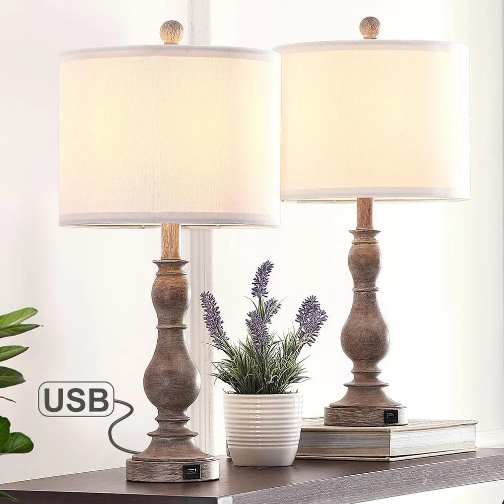 23 in. Wood Farmhouse Table Lamp with USB Port and White Linen Shade, 9.5-Watt LED Bulbs Included (Set of 2) by TRUE FINE 3 23 in. Wood Farmhouse Table Lamp with USB Port and White Linen Shade, 9.5-Watt LED Bulbs Included (Set of 2) by TRUE FINE