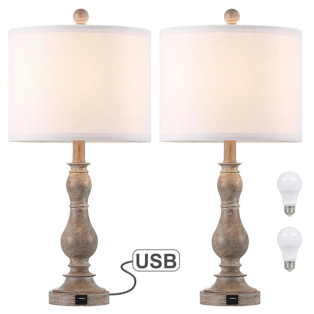 23 in. Wood Farmhouse Table Lamp with USB Port and White Linen Shade, 9.5-Watt LED Bulbs Included (Set of 2) by TRUE FINE 6 23 in. Wood Farmhouse Table Lamp with USB Port and White Linen Shade, 9.5-Watt LED Bulbs Included (Set of 2) by TRUE FINE - Image 4