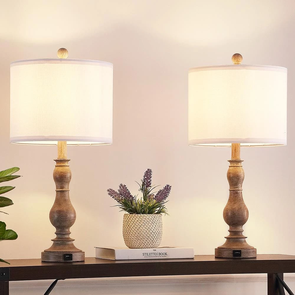 23 in. Wood Farmhouse Table Lamp with USB Port and White Linen Shade, 9.5-Watt LED Bulbs Included (Set of 2) by TRUE FINE 4 23 in. Wood Farmhouse Table Lamp with USB Port and White Linen Shade, 9.5-Watt LED Bulbs Included (Set of 2) by TRUE FINE - Image 2