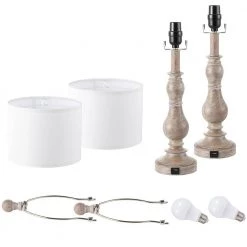 23 in. Wood Farmhouse Table Lamp with USB Port and White Linen Shade, 9.5-Watt LED Bulbs Included (Set of 2) by TRUE FINE 20 23 in. Wood Farmhouse Table Lamp with USB Port and White Linen Shade, 9.5-Watt LED Bulbs Included (Set of 2) by TRUE FINE -Dale Tiffany Store wood true fine table lamps 21511t 2pk fa 1000