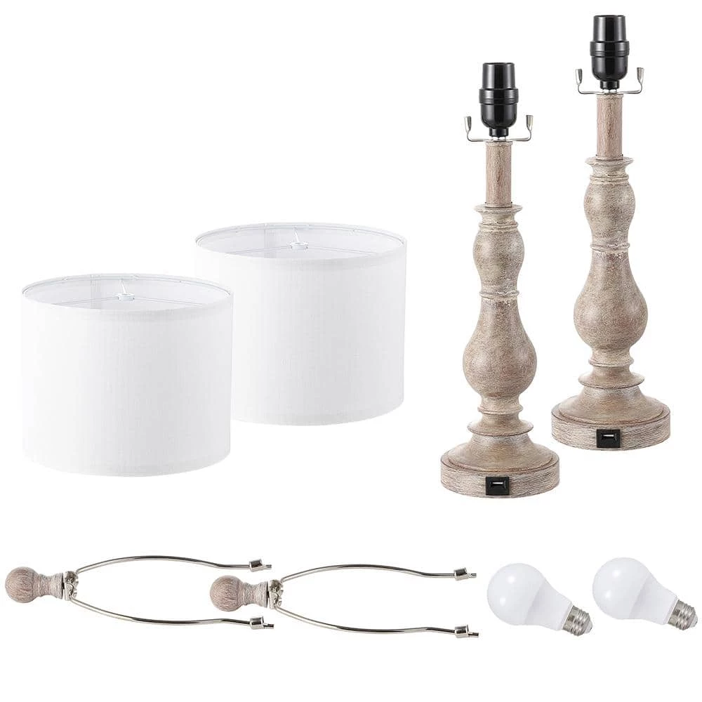 23 in. Wood Farmhouse Table Lamp with USB Port and White Linen Shade, 9.5-Watt LED Bulbs Included (Set of 2) by TRUE FINE 11 23 in. Wood Farmhouse Table Lamp with USB Port and White Linen Shade, 9.5-Watt LED Bulbs Included (Set of 2) by TRUE FINE - Image 9