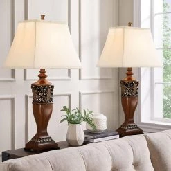 30 in. Wood Indoor Table Lamp with Off-White Shade, 9.5-Watt LED Bulbs Included (Set of 2) by TRUE FINE -Dale Tiffany Store wood true fine table lamps ad8002t 2pk 66 1000