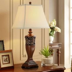 30 in. Wood Indoor Table Lamp with Off-White Shade, 9.5-Watt LED Bulbs Included (Set of 2) by TRUE FINE -Dale Tiffany Store wood true fine table lamps ad8002t 2pk 76 1000