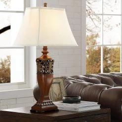 30 in. Wood Indoor Table Lamp with Off-White Shade, 9.5-Watt LED Bulbs Included (Set of 2) by TRUE FINE -Dale Tiffany Store wood true fine table lamps ad8002t 2pk fa 1000